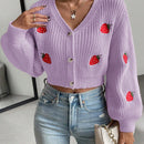 Moosta cardigan holgado de mujer con mangas farol, hombros caidos y bordado de fresa de estilo casual