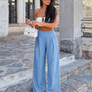 Pantalones casuales anchos de pierna ancha con cintura alta y pliegues para mujeres