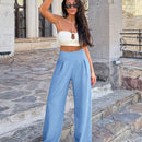Pantalones anchos de lino solido para mujer