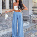 Pantalones anchos de lino solido para mujer