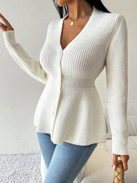 Lune cardigan elegante de mujer con cuello en v, cintura cenida y volantes en el bajo