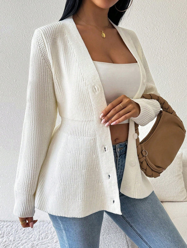 Lune cardigan elegante de mujer con cuello en v, cintura cenida y volantes en el bajo