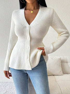 Lune cardigan elegante de mujer con cuello en v, cintura cenida y volantes en el bajo