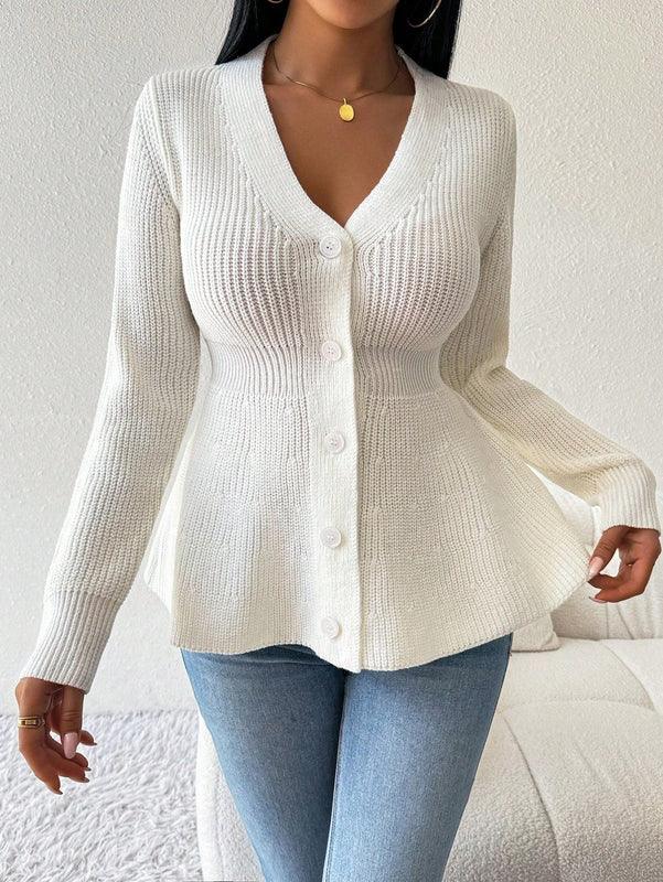 Lune cardigan elegante de mujer con cuello en v, cintura cenida y volantes en el bajo