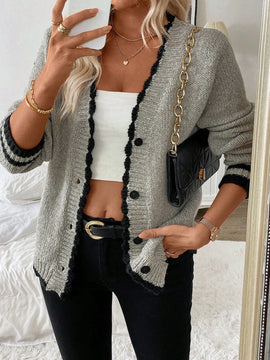 Frenchy blusa informal de mangas largas con botones delanteros y ribete de contraste para mujeres