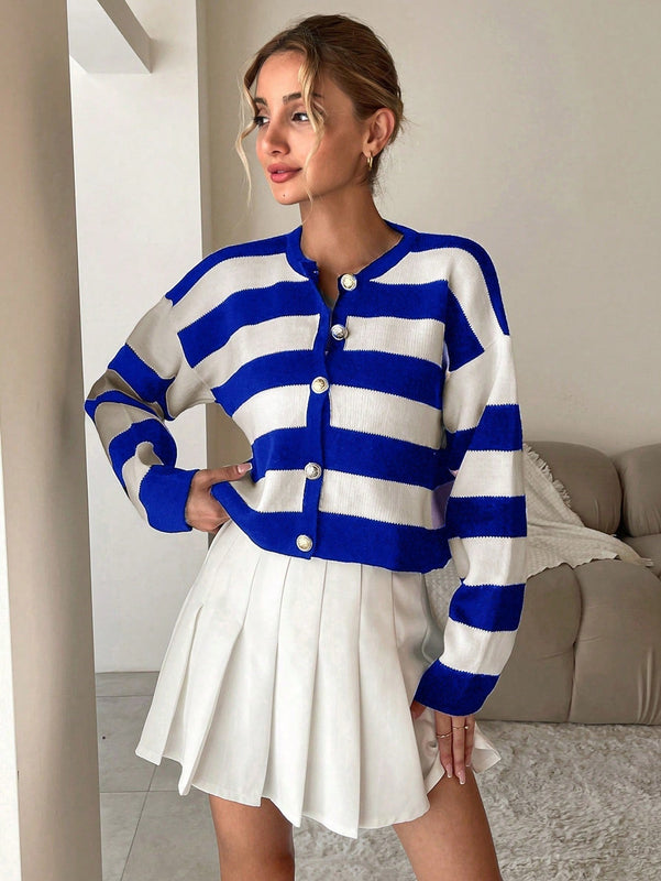 Cardigan de punto casual de manga larga de un solo abotonado con hombros caidos y rayas, para otono/invierno