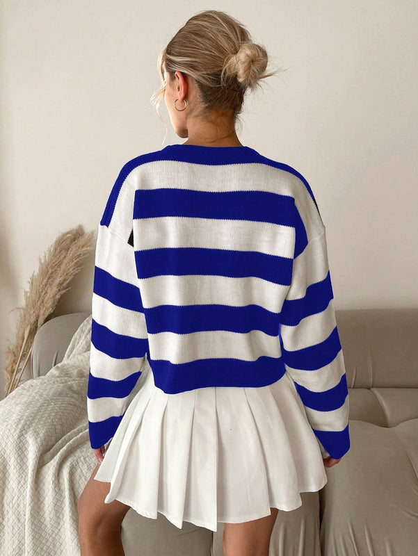 Cardigan de punto casual de manga larga de un solo abotonado con hombros caidos y rayas, para otono/invierno