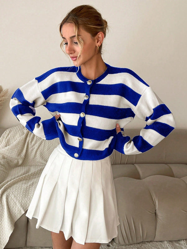 Cardigan de punto casual de manga larga de un solo abotonado con hombros caidos y rayas, para otono/invierno