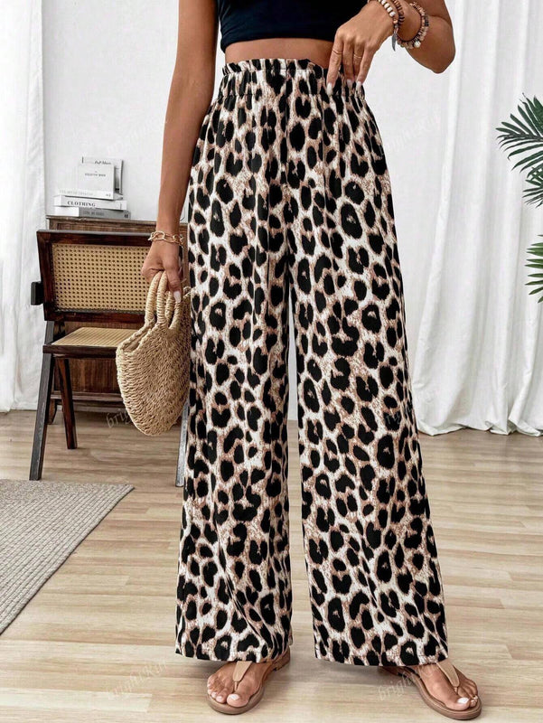 Pantalones anchos de cintura elastica con estampado de leopardo para uso diario