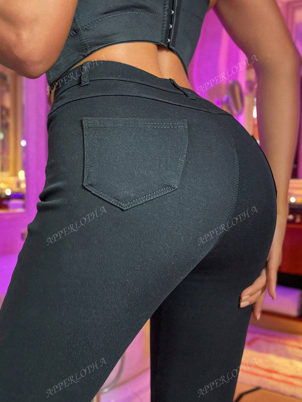 Apperloth a pantalon casual comodo para citas en color morado con cintura alta elastica, bolsillo inclinado ajustado y tobillera conica