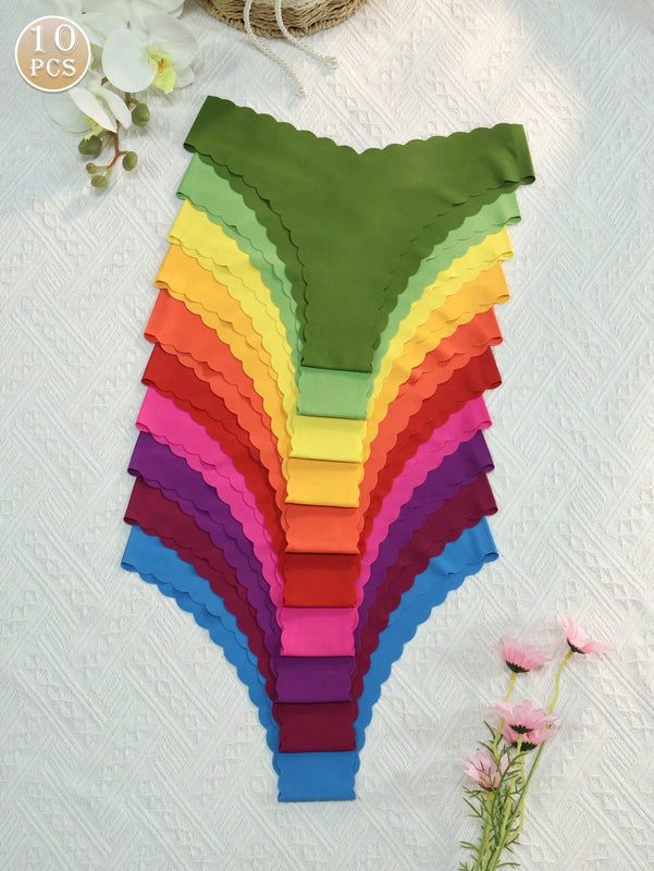 Set de 10 bragas triangulares de mujer con borde ondulado, sexy y comodas, con estampado