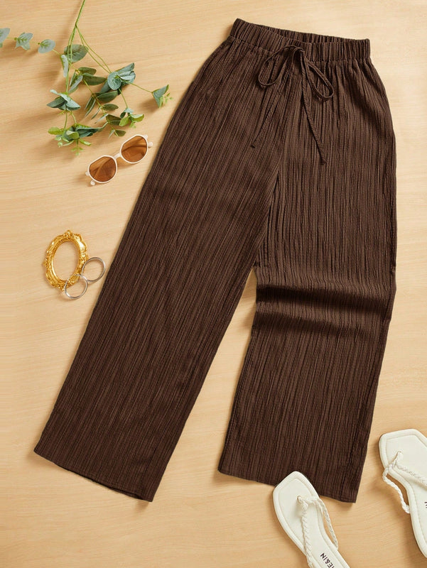 Essnce pantalones casuales de pernera ancha de 7/8 con textura y cintura anudada de unicolor para mujer