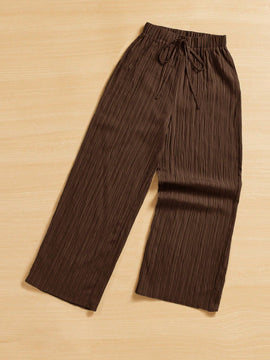 Essnce pantalones casuales de pernera ancha de 7/8 con textura y cintura anudada de unicolor para mujer