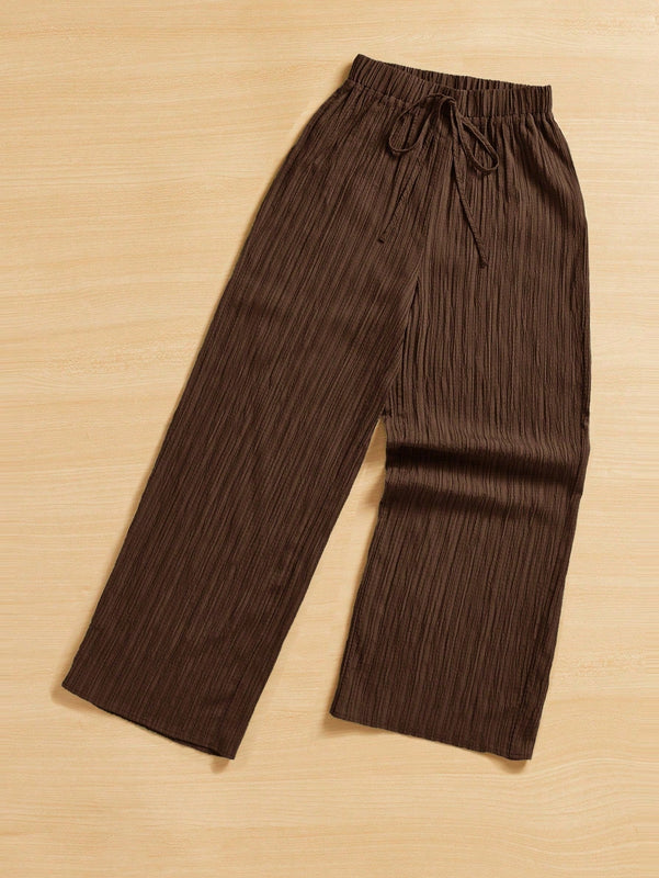 Essnce pantalones casuales de pernera ancha de 7/8 con textura y cintura anudada de unicolor para mujer