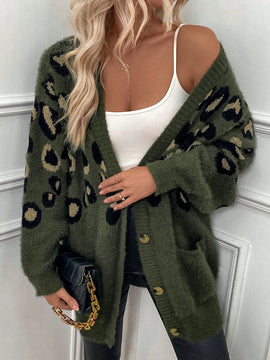 Lune cardigan informal para mujer de botones delanteros con bolsillos dobles y estampado de leopardo, para otono/invierno
