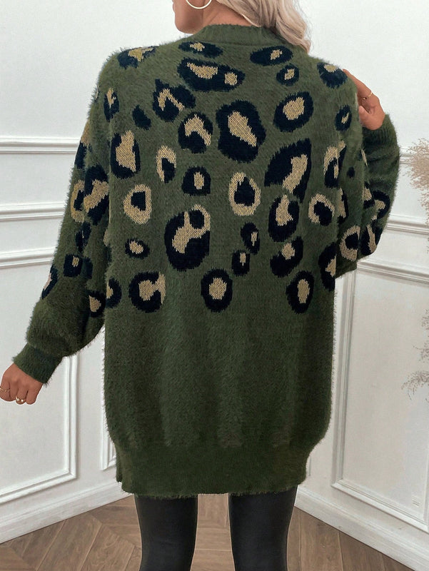 Lune cardigan informal para mujer de botones delanteros con bolsillos dobles y estampado de leopardo, para otono/invierno