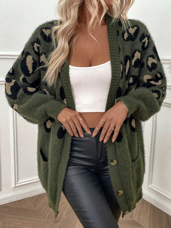 Lune cardigan informal para mujer de botones delanteros con bolsillos dobles y estampado de leopardo, para otono/invierno