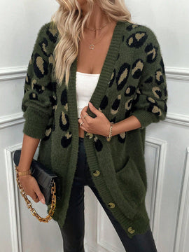 Lune cardigan informal para mujer de botones delanteros con bolsillos dobles y estampado de leopardo, para otono/invierno