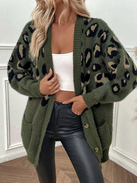 Lune cardigan informal para mujer de botones delanteros con bolsillos dobles y estampado de leopardo, para otono/invierno