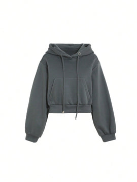 Dazy sudadera con capucha corta de unicolor informal para mujer, de manga larga, para otono/invierno