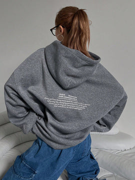 Dazy sudadera larga con capucha, holgada, con cordon y estampado de eslogan casual para mujer, otono