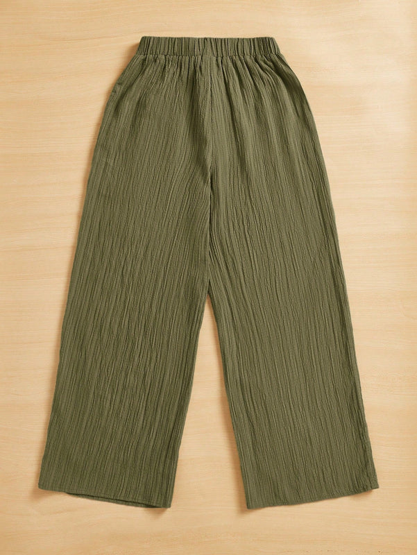 Essnce pantalones casuales de pernera ancha de 7/8 con textura y cintura anudada de unicolor para mujer