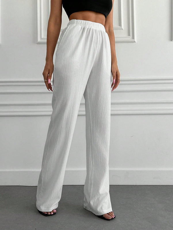 Tall pantalones informales de cintura alta y pierna ancha de unicolor con bolsillos sesgados de cottnline