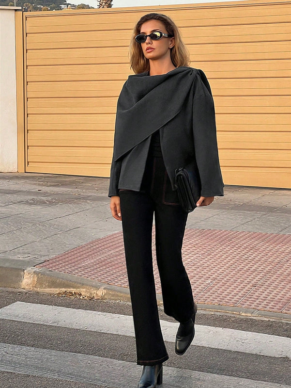 Essnce chaqueta de lana negra holgada y versatil para uso casual y de aeropuerto, diseno de bufanda de una pieza, chaqueta de cardigan corta de lana calida para el invierno, tendencia de moda otono 2024