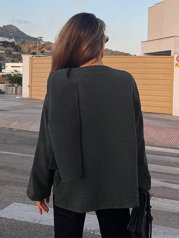 Essnce chaqueta de lana negra holgada y versatil para uso casual y de aeropuerto, diseno de bufanda de una pieza, chaqueta de cardigan corta de lana calida para el invierno, tendencia de moda otono 2024