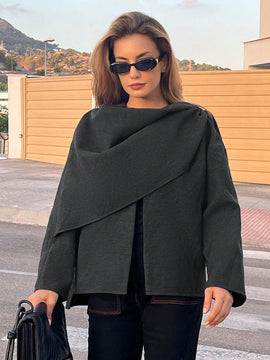 Essnce chaqueta de lana negra holgada y versatil para uso casual y de aeropuerto, diseno de bufanda de una pieza, chaqueta de cardigan corta de lana calida para el invierno, tendencia de moda otono 2024