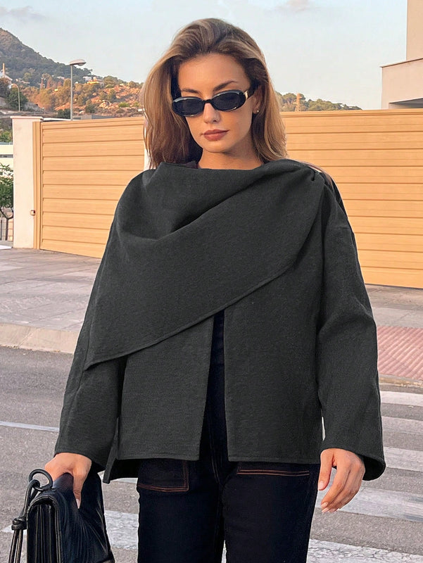 Essnce chaqueta de lana negra holgada y versatil para uso casual y de aeropuerto, diseno de bufanda de una pieza, chaqueta de cardigan corta de lana calida para el invierno, tendencia de moda otono 2024