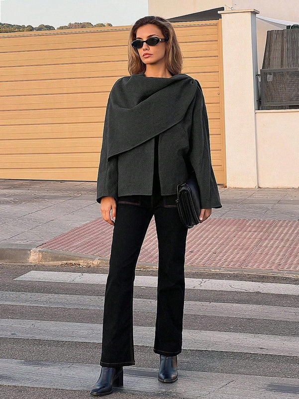 Essnce chaqueta de lana negra holgada y versatil para uso casual y de aeropuerto, diseno de bufanda de una pieza, chaqueta de cardigan corta de lana calida para el invierno, tendencia de moda otono 2024