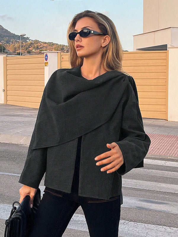Essnce chaqueta de lana negra holgada y versatil para uso casual y de aeropuerto, diseno de bufanda de una pieza, chaqueta de cardigan corta de lana calida para el invierno, tendencia de moda otono 2024