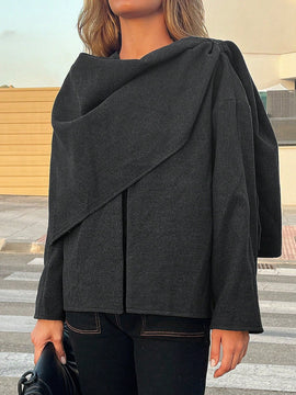 Essnce chaqueta de lana negra holgada y versatil para uso casual y de aeropuerto, diseno de bufanda de una pieza, chaqueta de cardigan corta de lana calida para el invierno, tendencia de moda otono 2024