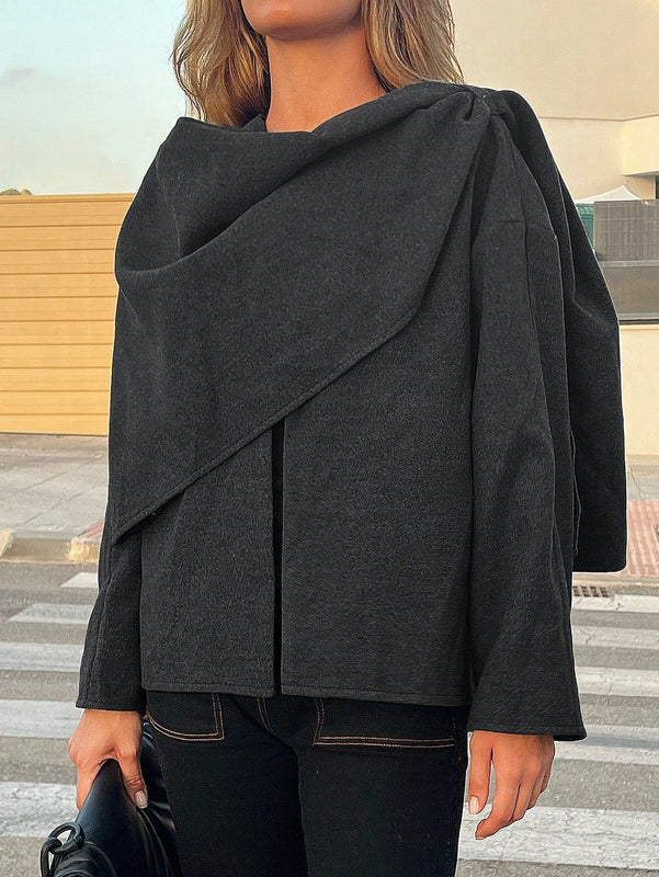 Essnce chaqueta de lana negra holgada y versatil para uso casual y de aeropuerto, diseno de bufanda de una pieza, chaqueta de cardigan corta de lana calida para el invierno, tendencia de moda otono 2024