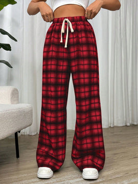 Essnce pantalones rectos y holgados con cintura de cordon a cuadros para mujer