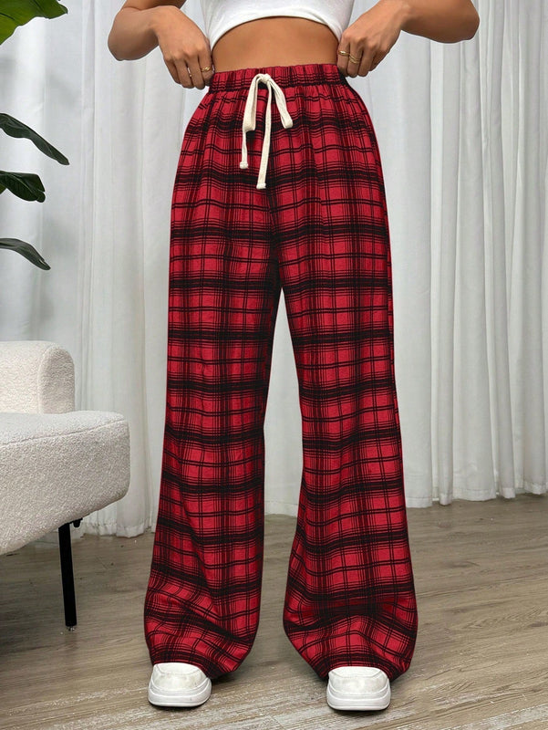 Essnce pantalones rectos y holgados con cintura de cordon a cuadros para mujer