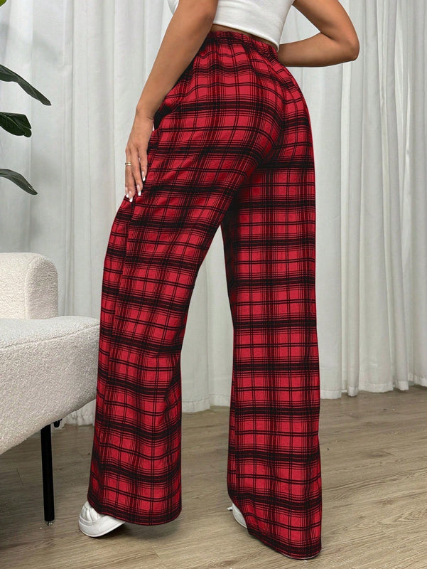 Essnce pantalones rectos y holgados con cintura de cordon a cuadros para mujer