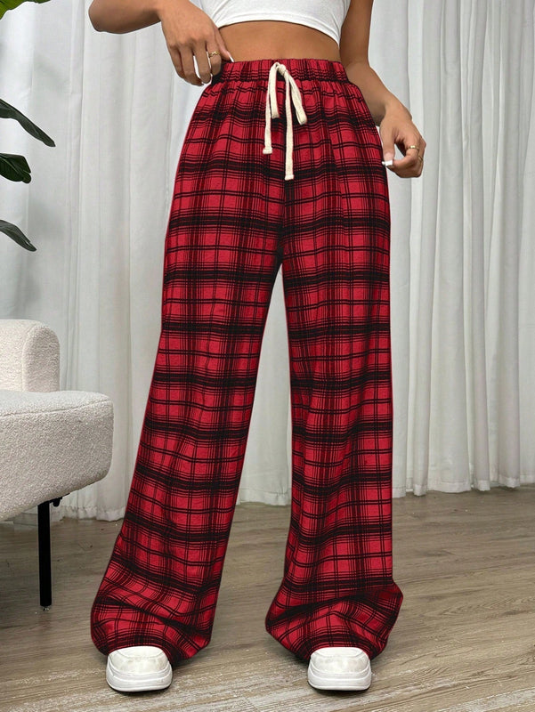 Essnce pantalones rectos y holgados con cintura de cordon a cuadros para mujer