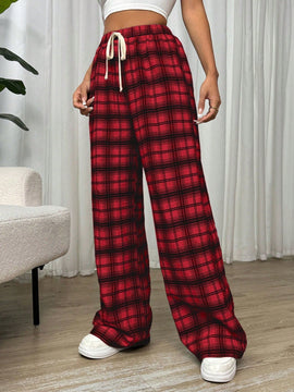 Essnce pantalones rectos y holgados con cintura de cordon a cuadros para mujer