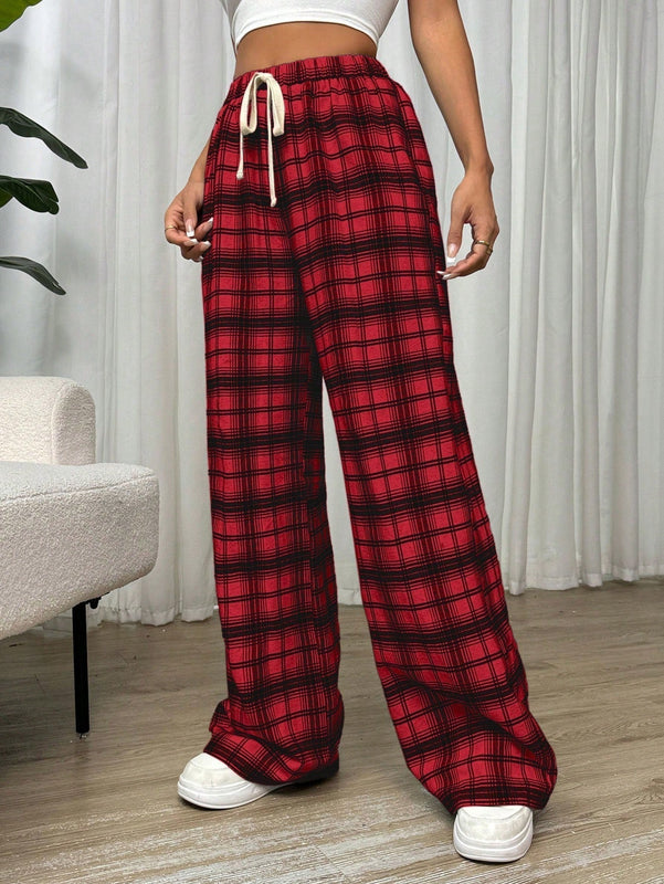 Essnce pantalones rectos y holgados con cintura de cordon a cuadros para mujer