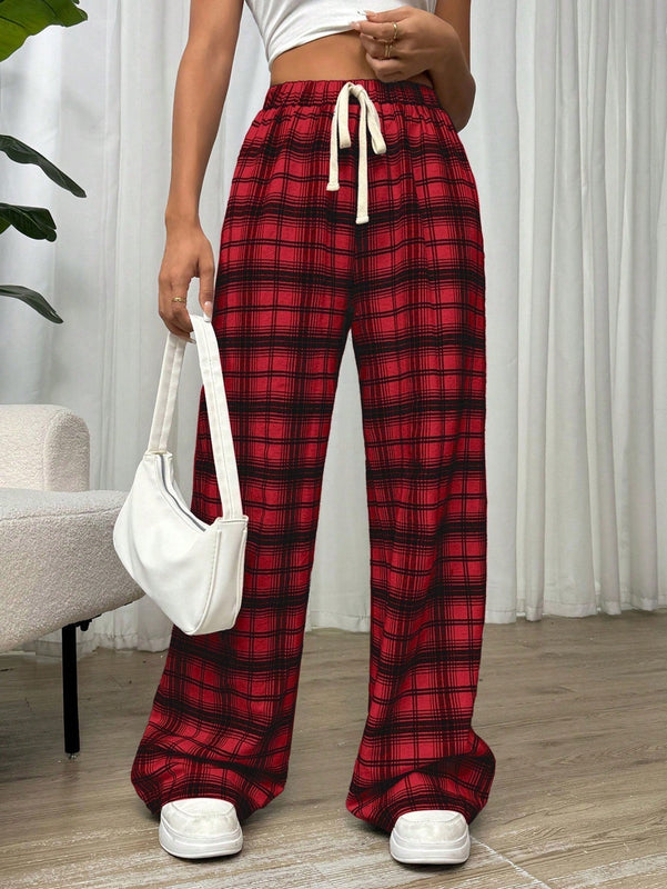 Essnce pantalones rectos y holgados con cintura de cordon a cuadros para mujer
