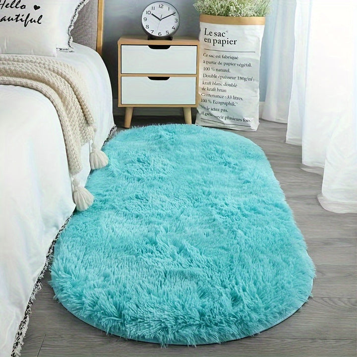 Alfombra Ovalada de Piel Sintética Azul Claro Lujosa - Ultra Suave, Antideslizante de Poliéster para Dormitorio, Sala de Estar y Decoración de Hotel | Lavable a Mano, Alfombra Multifuncional de Peluche