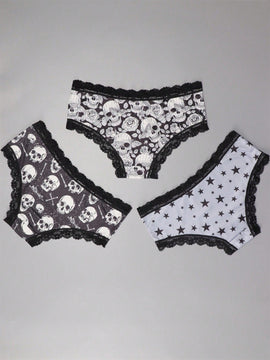 Dircho 3 piezas bikinis goticos sexys y elegantes de tiro bajo para mujer - encaje en contraste, estampado de rosas, calaveras y estrellas en todo el diseno, bragas tipo hipster comodas para mujer - lenceria y ropa interior de halloween
