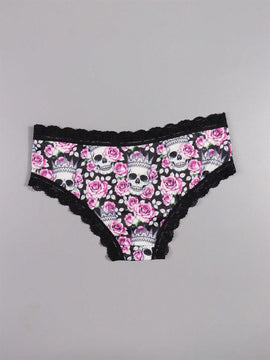 Dircho 6 piezas mujer braguitas goticas sexy y bonitas con estampado todo sobre de rosas, calaveras y esqueletos, de encaje - suave, sin costuras y elastico - lujoso confort para la coleccion de lenceria femenina