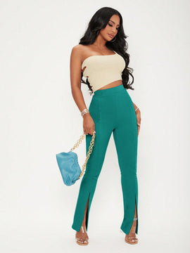 Sxy pantalones largos informales de unicolor con dobladillo dividido para mujeres