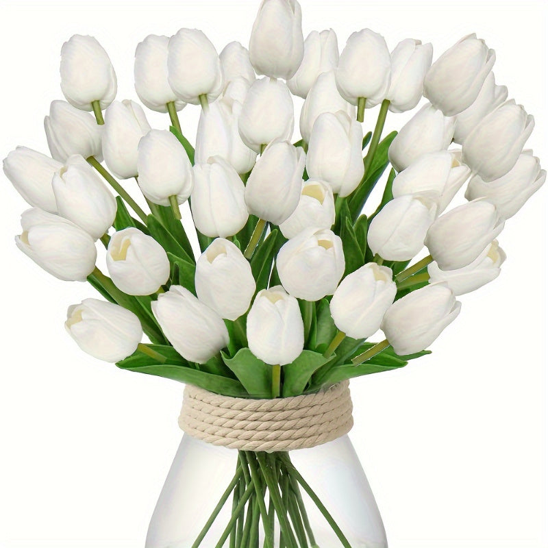 40pcs Flores de Tulipán Artificiales, Ramo de Tulipán Falso Blanco, Flores de Plástico con Tacto Realista para Hogar, Oficina, Boda, Compromiso, Decoración de Primavera, Día de San Patricio, Decoración de Pascua