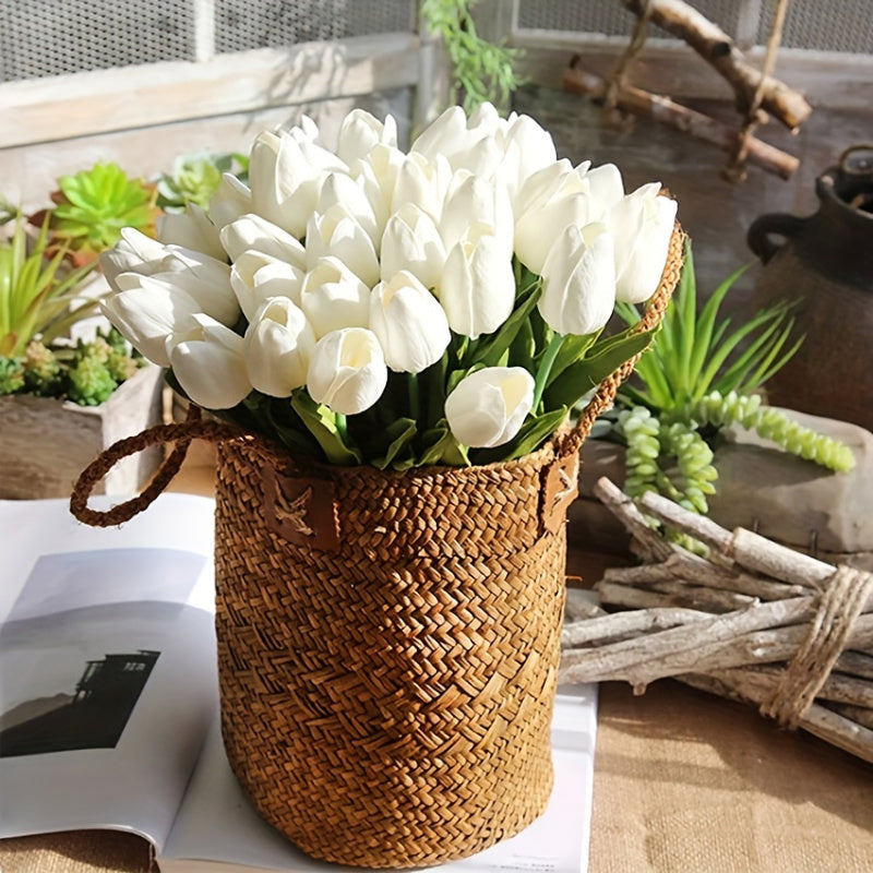 40pcs Flores de Tulipán Artificiales, Ramo de Tulipán Falso Blanco, Flores de Plástico con Tacto Realista para Hogar, Oficina, Boda, Compromiso, Decoración de Primavera, Día de San Patricio, Decoración de Pascua