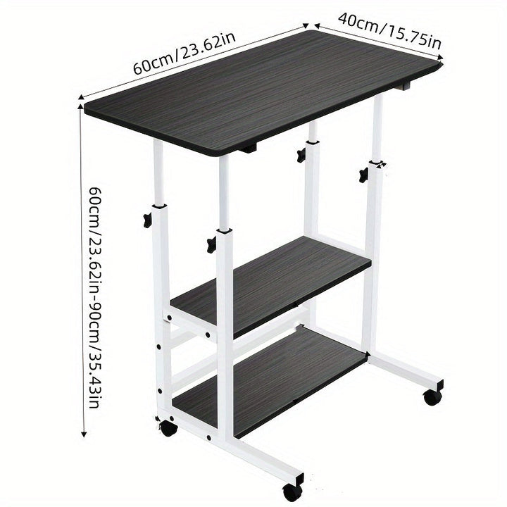 Escritorio Plegable Ergonómico Ajustable en Altura con Ruedas y Estante de Almacenamiento - Marco Blanco, Superficie Negra, Diseño Compacto para Dormitorio, Sala de Estar o Uso de Oficina al Aire Libre