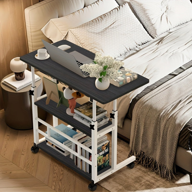 Escritorio Plegable Ergonómico Ajustable en Altura con Ruedas y Estante de Almacenamiento - Marco Blanco, Superficie Negra, Diseño Compacto para Dormitorio, Sala de Estar o Uso de Oficina al Aire Libre
